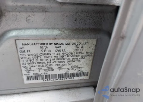 2006 Nissan Altima 2.5 S из США, поврежденный, VIN 1N4AL11D56C242699